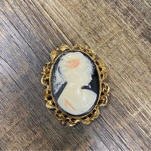 Elegant Gold and Cream Cameo Brooch Costume Jewelry